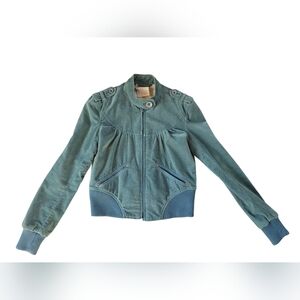 Plus Fours Anthropologie Turquoise Moto Jacket With Back Belt Detail Size 6
